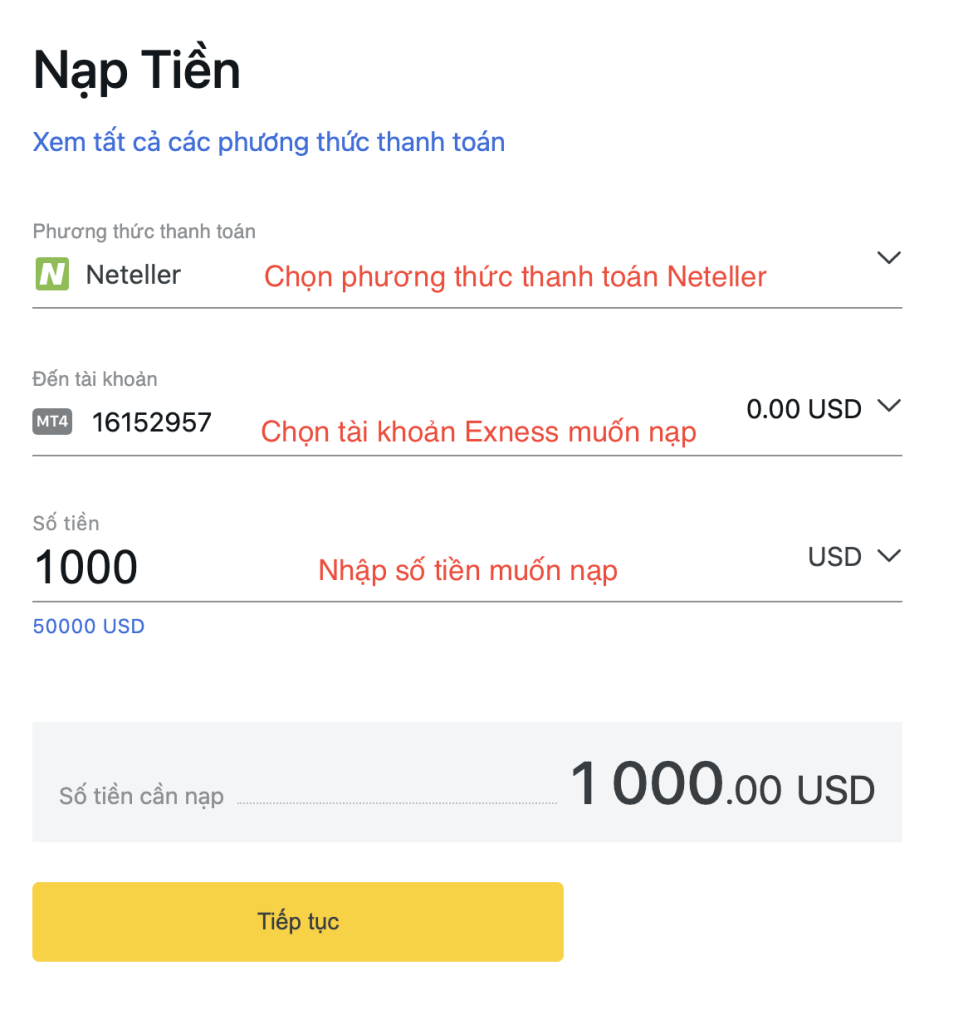 Nạp tiền vào tài khoản Exness thông qua Neteller